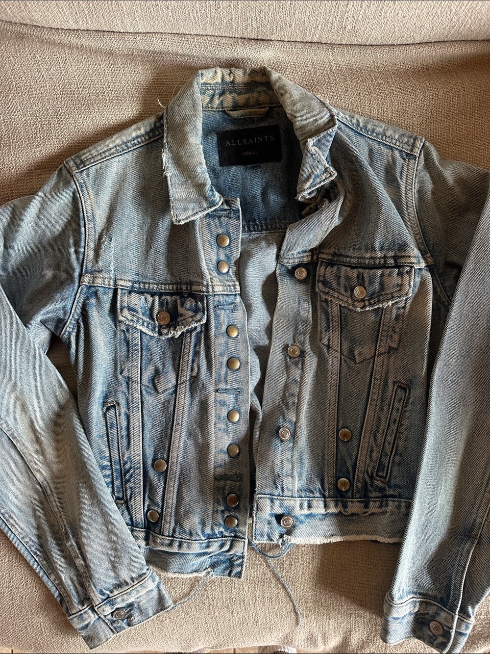 All Saints vintage wash distressed denim jacket